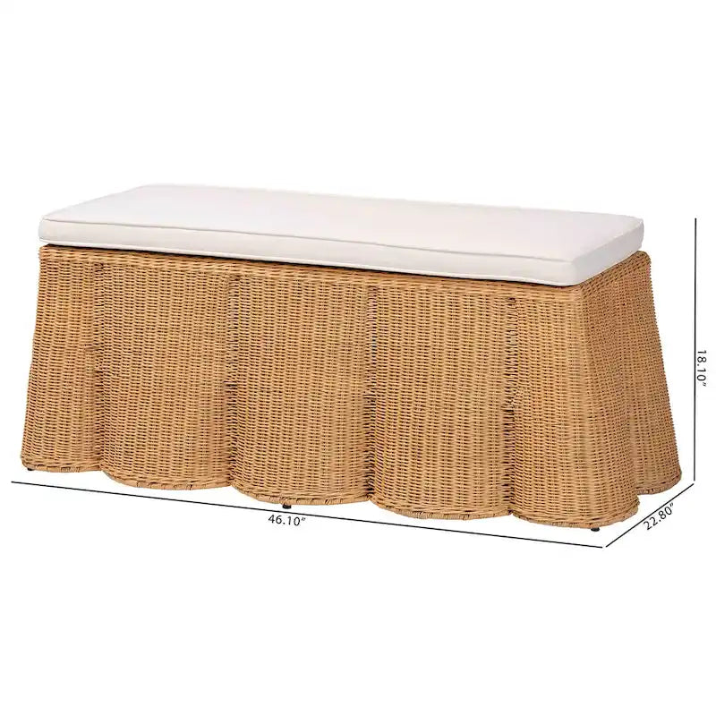 Pouf rectangulaire en rotin naturel Palm Scallop avec coussin - Banc en osier tressé à la main pour salon ou chambre, style bohème bord de mer-10