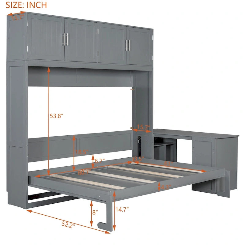 Lit escamotable Queen avec système de levage, armoires de rangement et bureau convertible-4