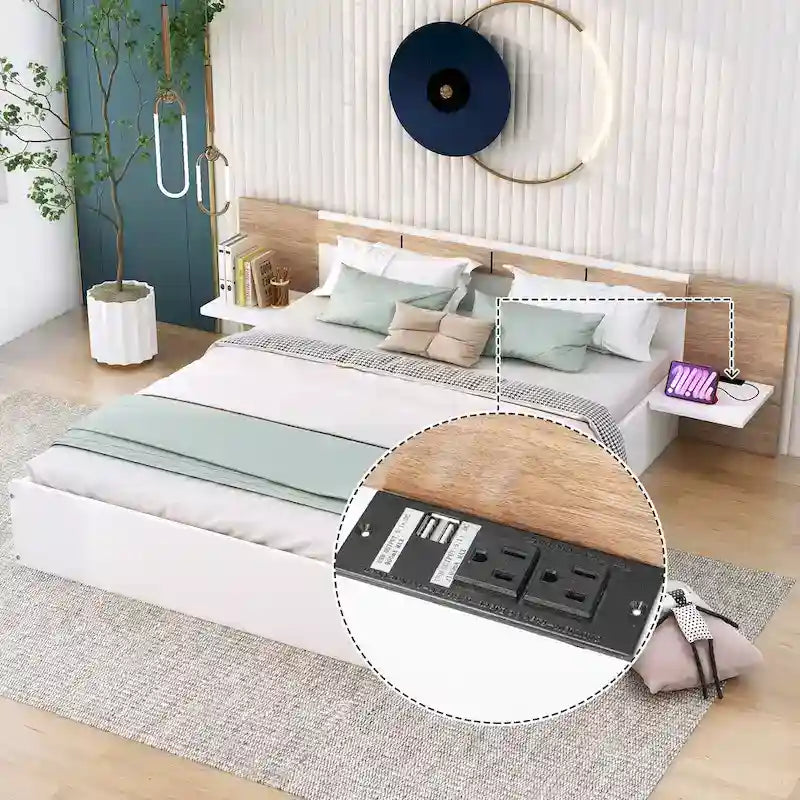 Lit plateforme Queen Size avec tête de lit, tiroirs, étagères, ports USB et prises électriques