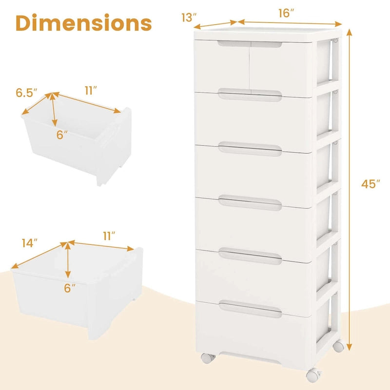 Chariot de rangement à roulettes Costway 1 pièce, 7 tiroirs, en plastique, avec 4 supports universels - Voir les détails-3