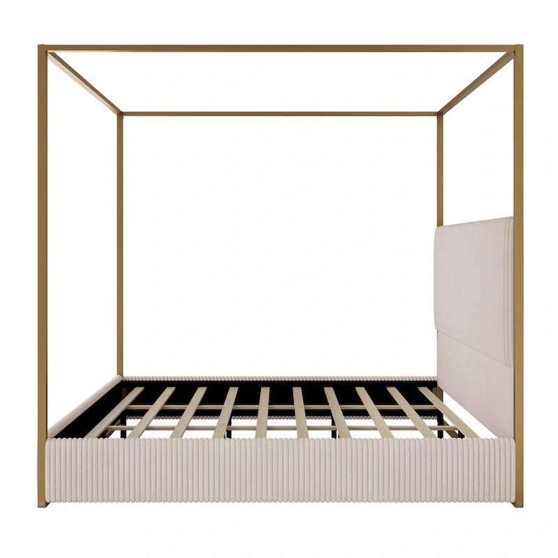 Lit à baldaquin contemporain en velours côtelé avec haute tête de lit et cadre en métal élégant-5