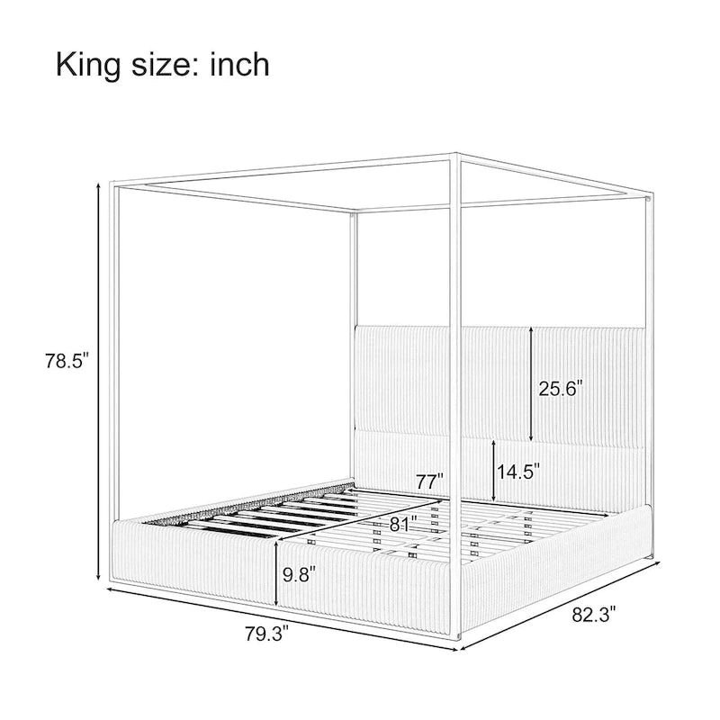 Lit à baldaquin contemporain en velours côtelé avec haute tête de lit et cadre en métal élégant-6