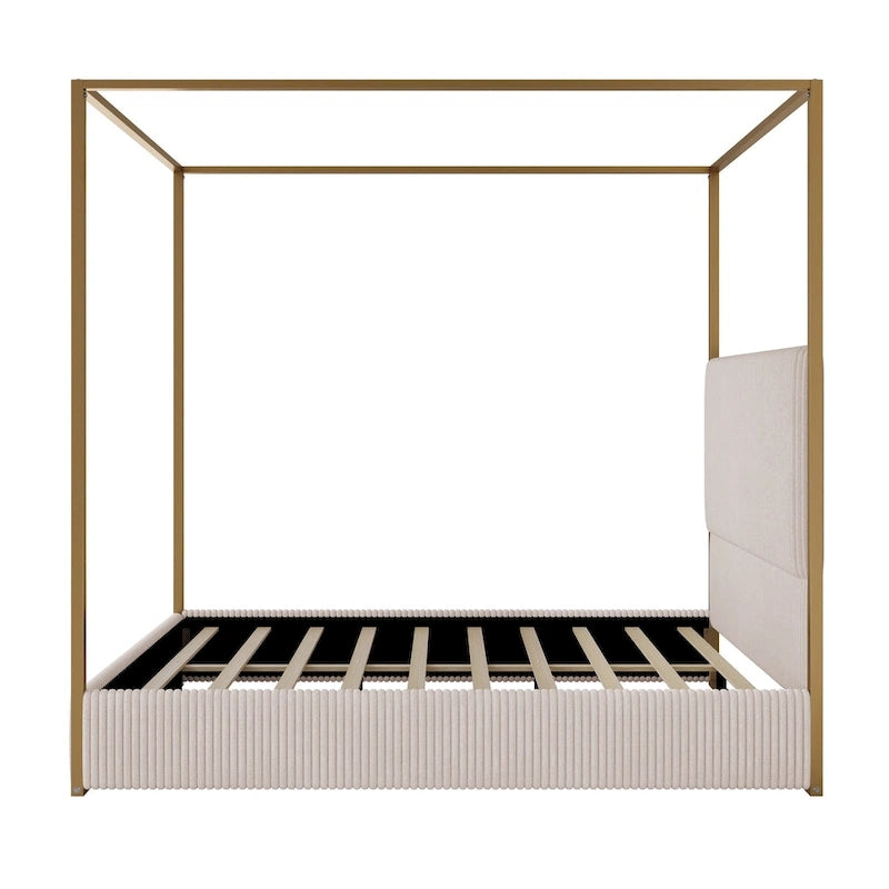 Lit à baldaquin contemporain en velours côtelé avec haute tête de lit et cadre en métal élégant-9