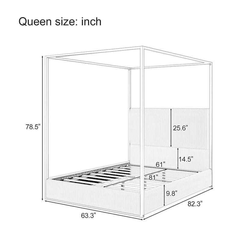 Lit à baldaquin contemporain en velours côtelé avec haute tête de lit et cadre en métal élégant-10
