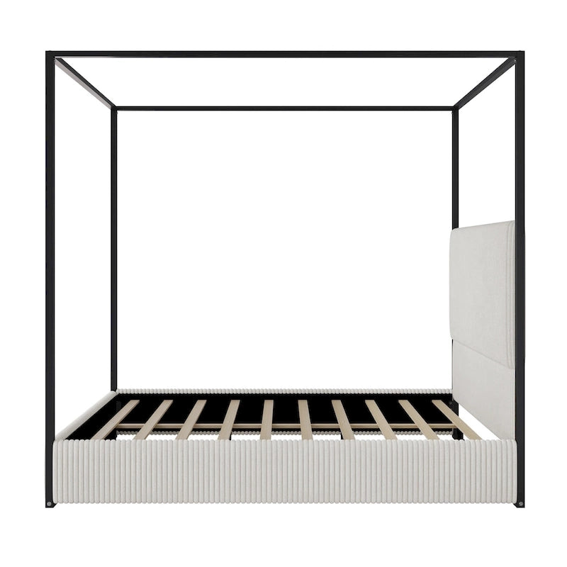 Lit à baldaquin contemporain en velours côtelé avec haute tête de lit et cadre en métal élégant-14