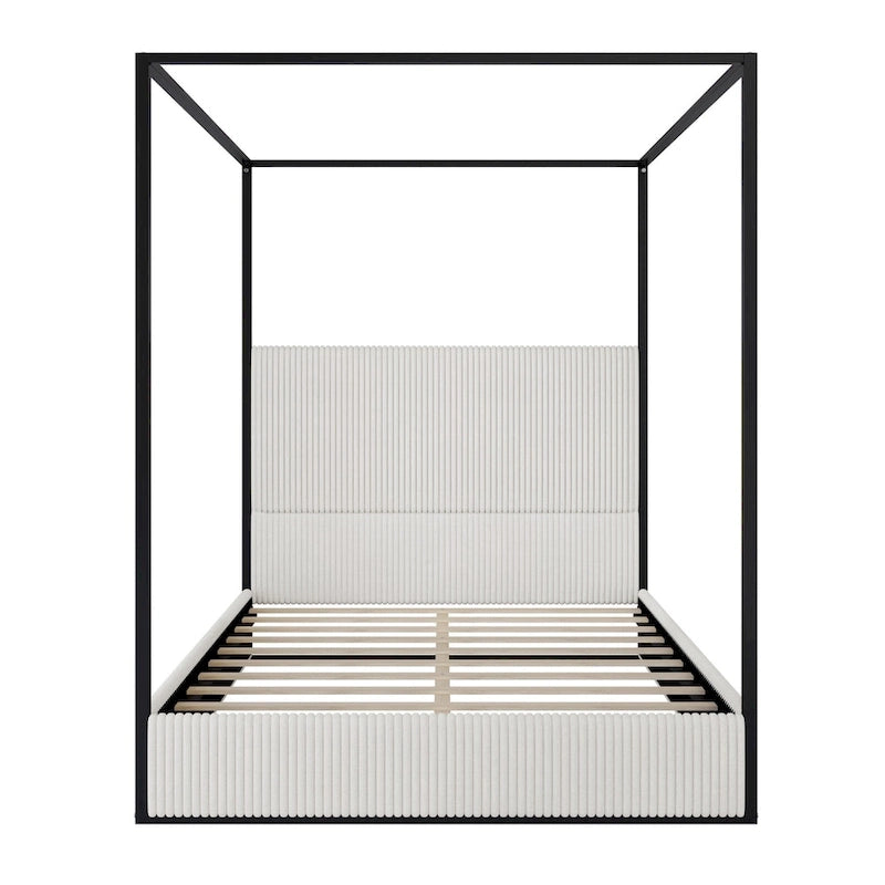 Lit à baldaquin contemporain en velours côtelé avec haute tête de lit et cadre en métal élégant-15