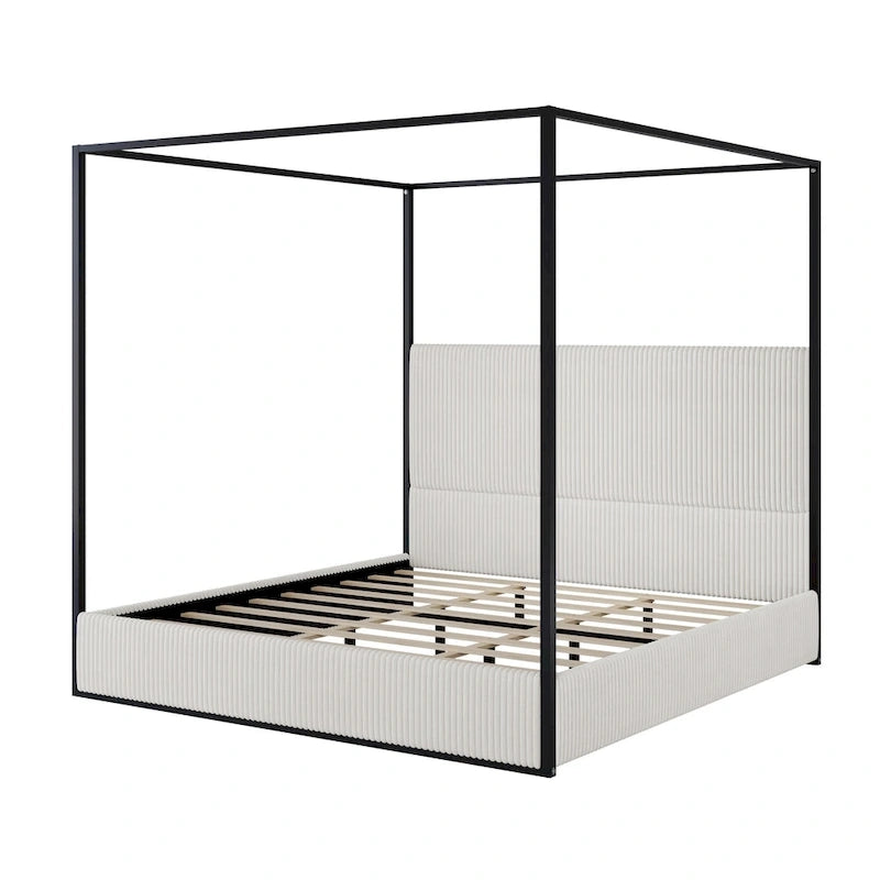 Lit à baldaquin contemporain en velours côtelé avec haute tête de lit et cadre en métal élégant-16