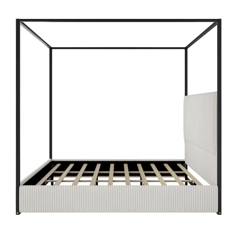 Lit à baldaquin contemporain en velours côtelé avec haute tête de lit et cadre en métal élégant-17