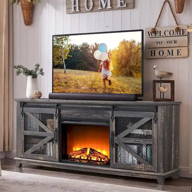 Meuble TV style ferme avec cheminée, centre de divertissement, console TV-23