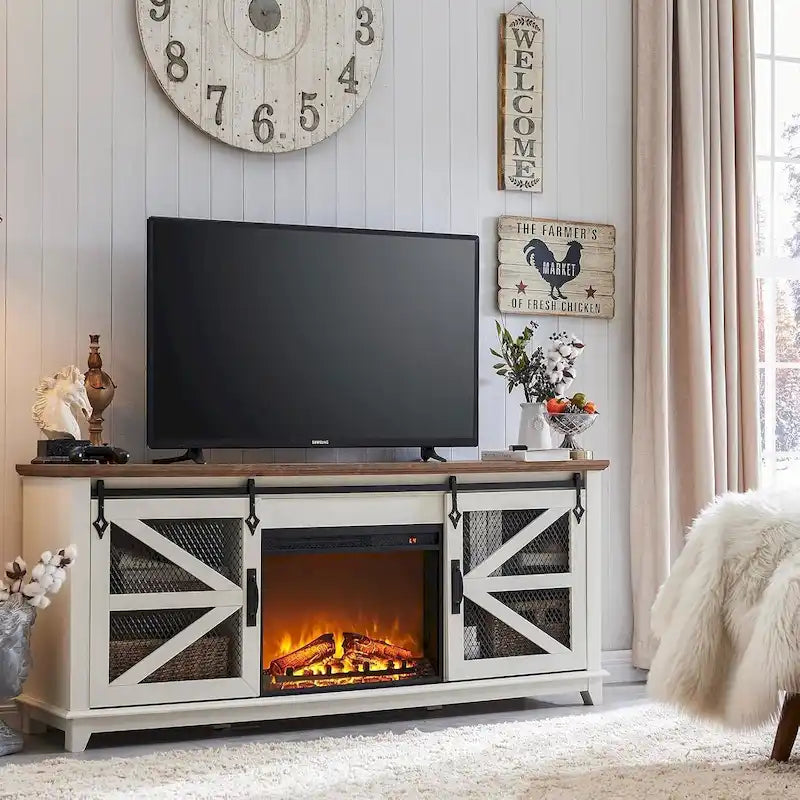 Meuble TV style ferme avec cheminée, centre de divertissement, console TV-24