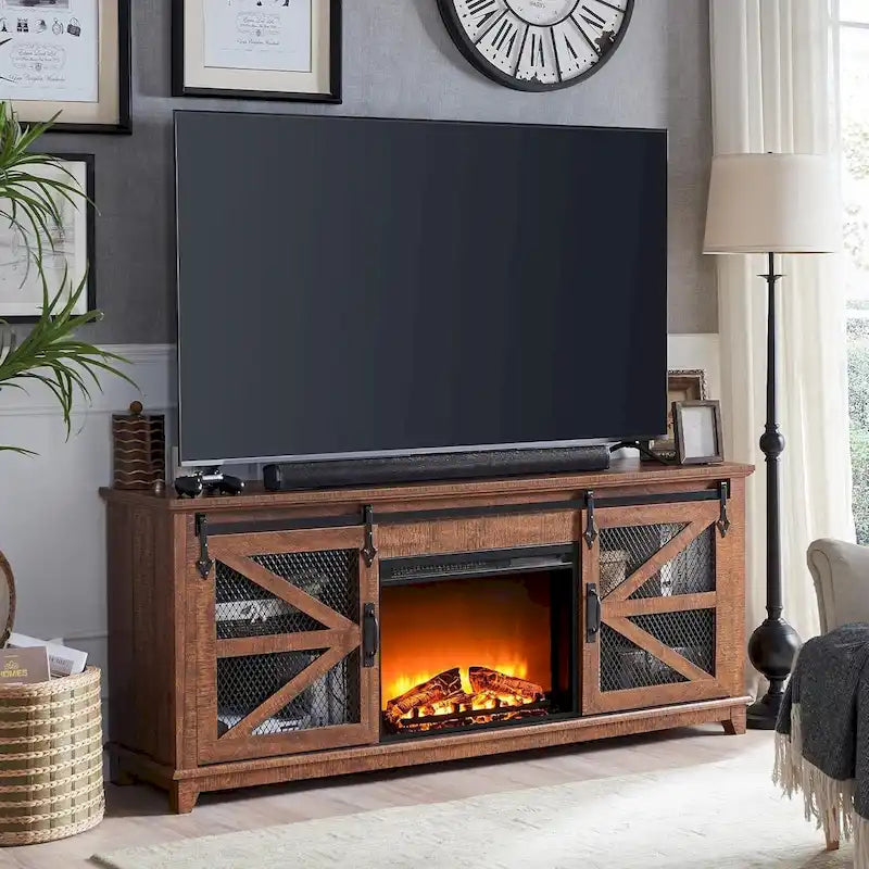 Meuble TV style ferme avec cheminée, centre de divertissement, console TV-26