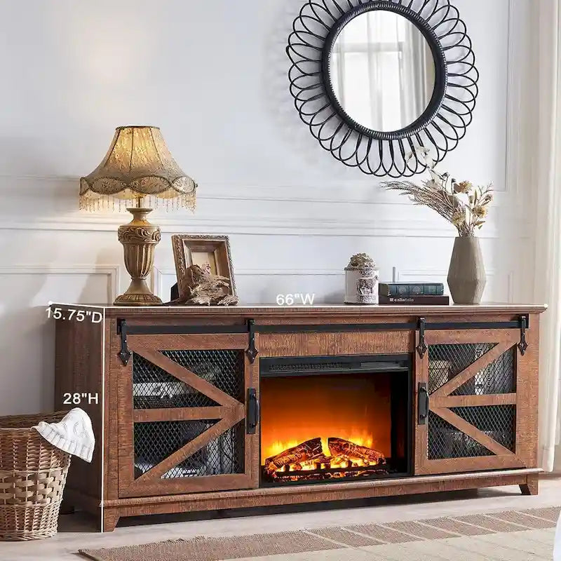 Meuble TV style ferme avec cheminée, centre de divertissement, console TV-13