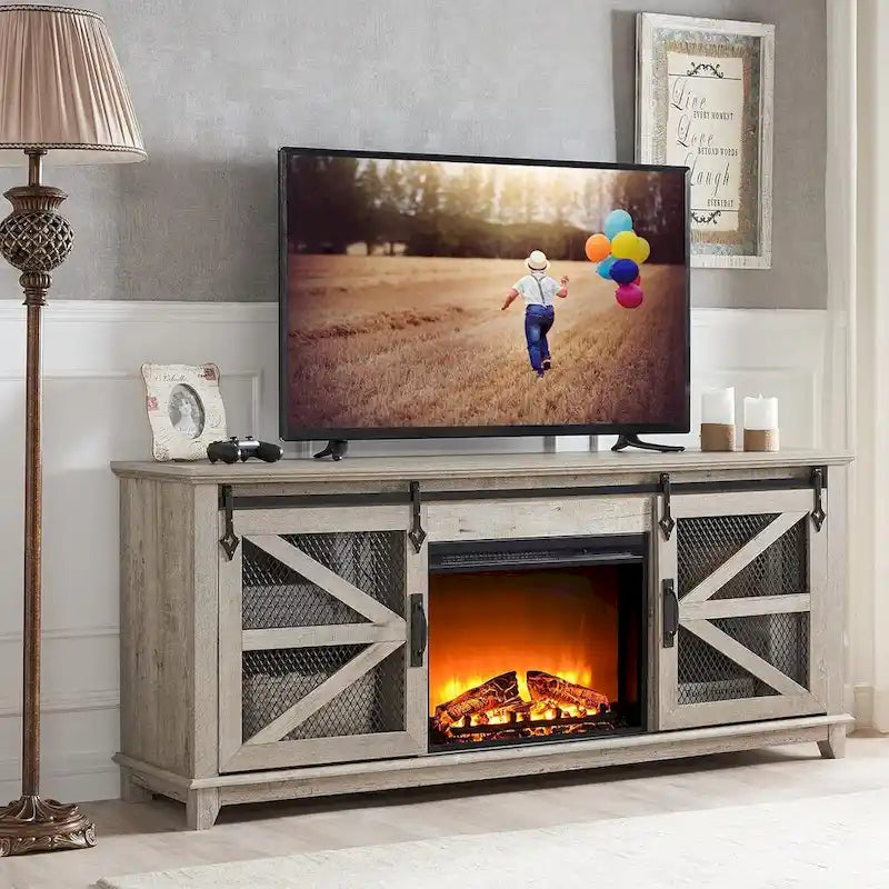 Meuble TV style ferme avec cheminée, centre de divertissement, console TV-17