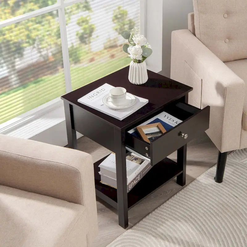 Table de chevet Gymax 2PCS à 2 niveaux, table d'appoint moderne avec tiroir et ouverture-3
