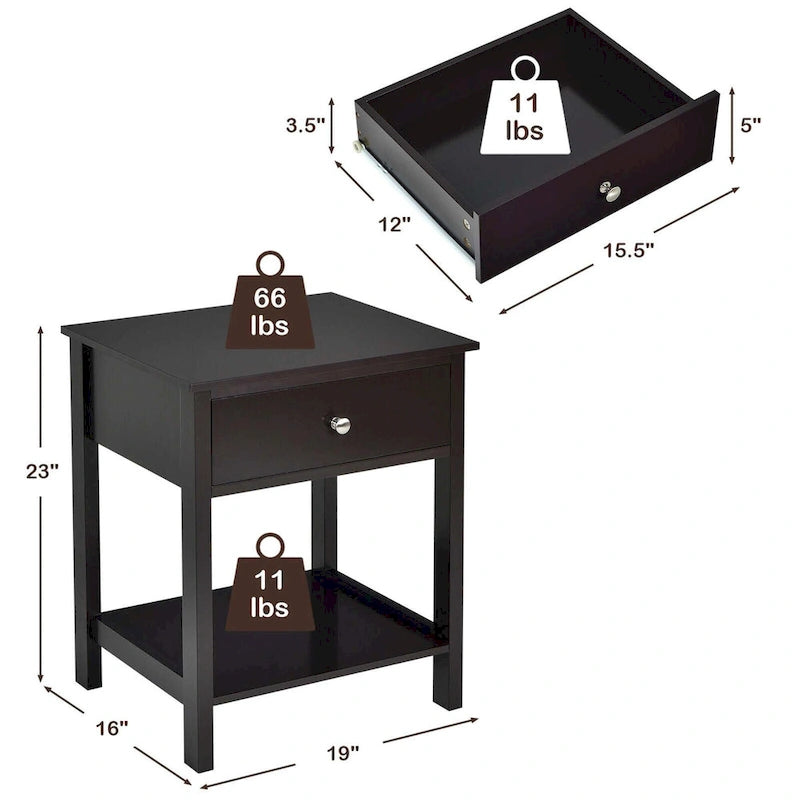 Table de chevet Gymax 2PCS à 2 niveaux, table d'appoint moderne avec tiroir et ouverture-5