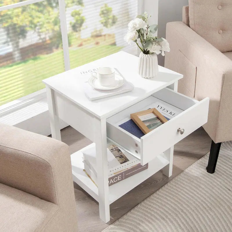 Table de chevet Gymax 2PCS à 2 niveaux, table d'appoint moderne avec tiroir et ouverture-10