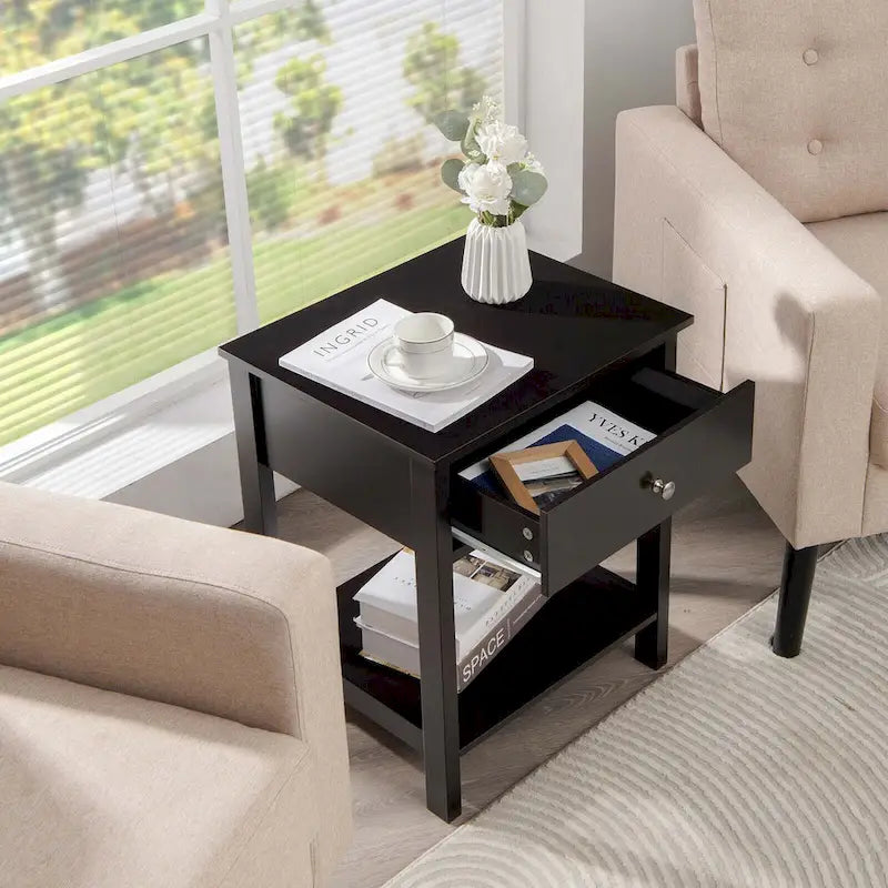 Table de chevet Gymax 2PCS à 2 niveaux, table d'appoint moderne avec tiroir et ouverture-15