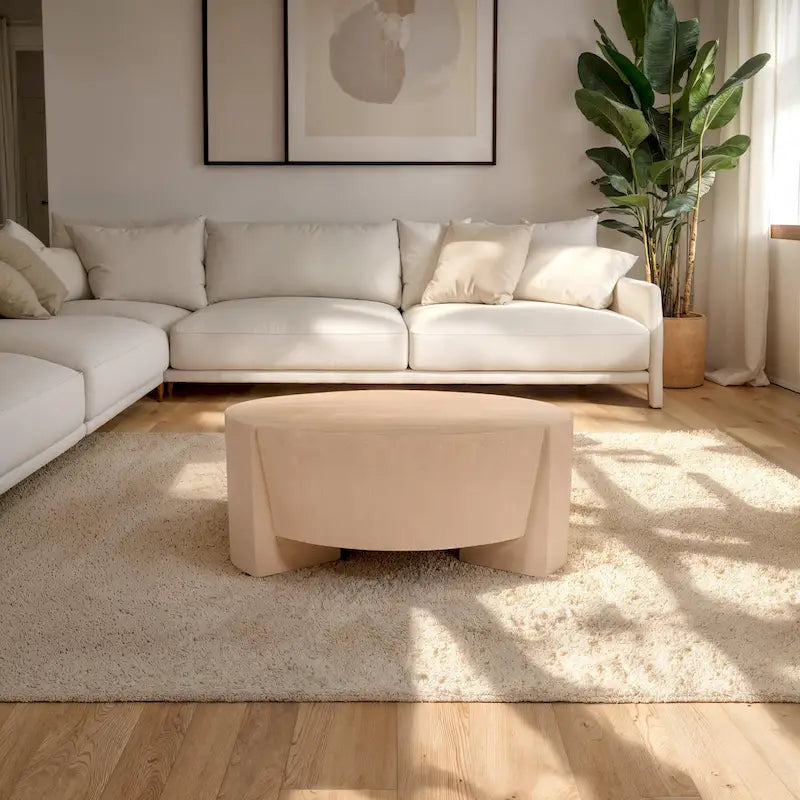 Table basse Joana, ronde, en forme de tambour, 89 cm (35 pouces), à 3 pieds, en bois de manguier brun naturel sablé.-3