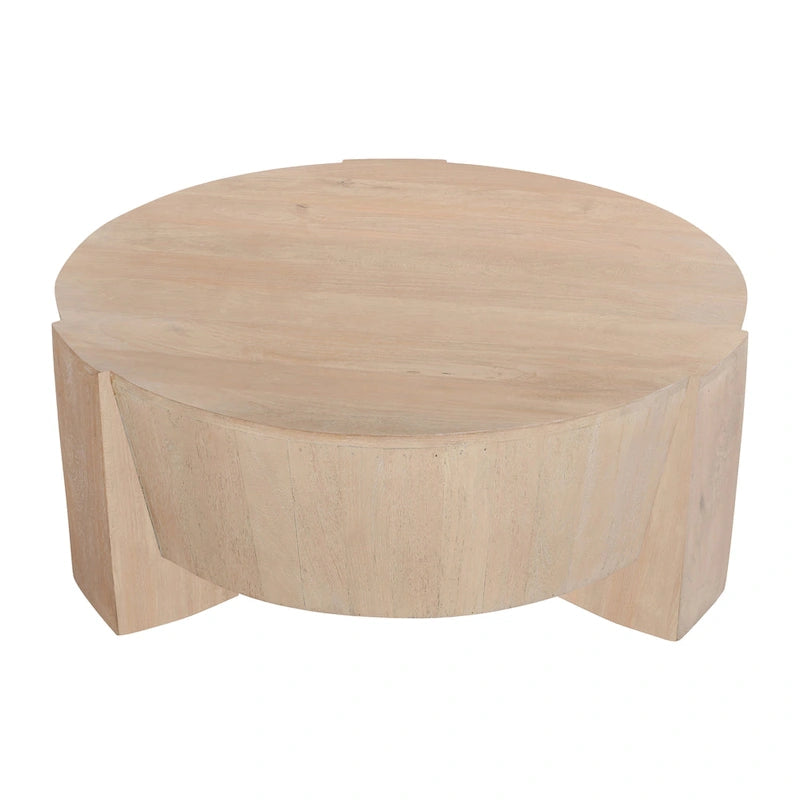 Table basse Joana, ronde, en forme de tambour, 89 cm (35 pouces), à 3 pieds, en bois de manguier brun naturel sablé.-5