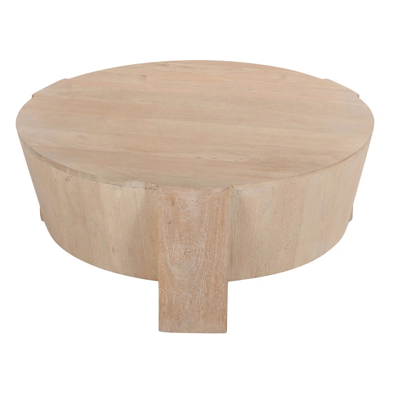 Table basse Joana, ronde, en forme de tambour, 89 cm (35 pouces), à 3 pieds, en bois de manguier brun naturel sablé.-6