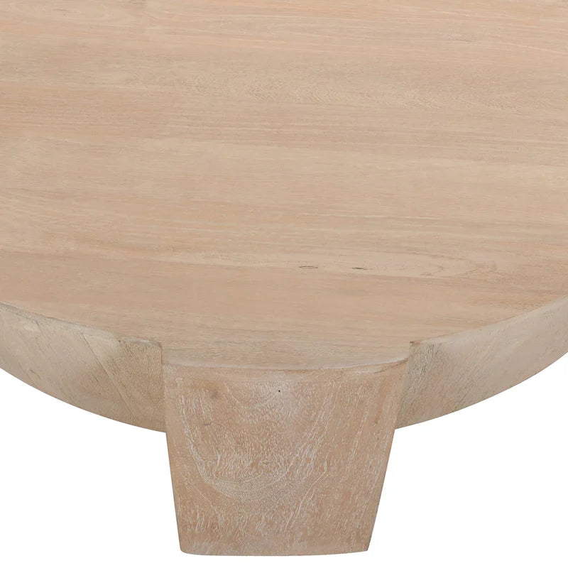 Table basse Joana, ronde, en forme de tambour, 89 cm (35 pouces), à 3 pieds, en bois de manguier brun naturel sablé.-7