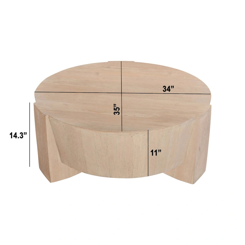 Table basse Joana, ronde, en forme de tambour, 89 cm (35 pouces), à 3 pieds, en bois de manguier brun naturel sablé.-9