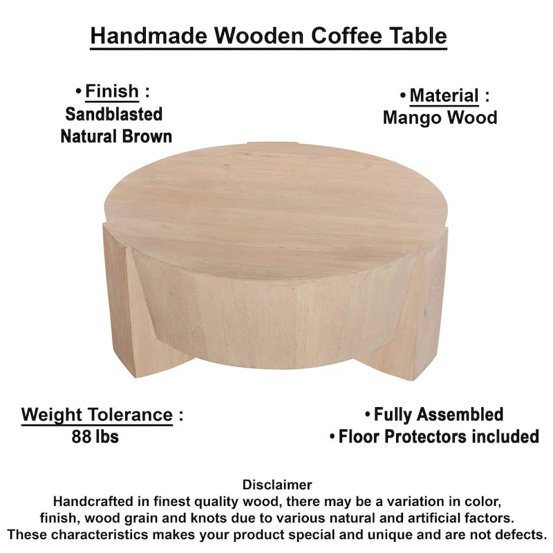 Table basse Joana, ronde, en forme de tambour, 89 cm (35 pouces), à 3 pieds, en bois de manguier brun naturel sablé.-10