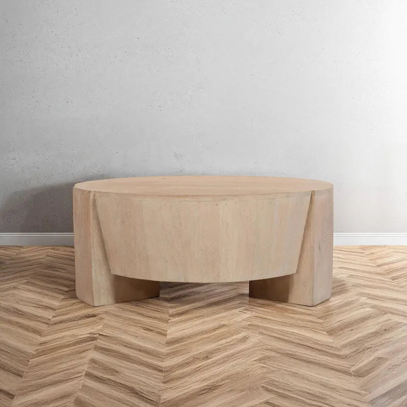 Table basse Joana, ronde, en forme de tambour, 89 cm (35 pouces), à 3 pieds, en bois de manguier brun naturel sablé.-11