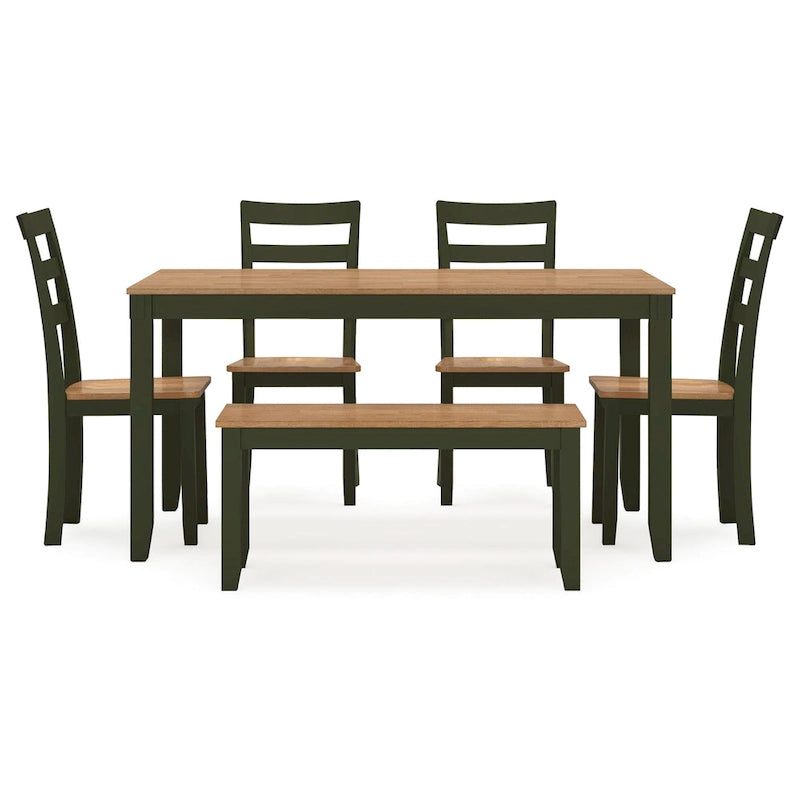 Ensemble table et chaises Gasy avec 4 chaises et 1 banc, bois vert foncé et marron.