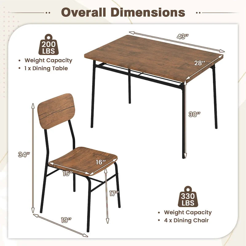 Ensemble table et chaises de cuisine carrées en bois Costway 5 pièces avec structure en métal-3
