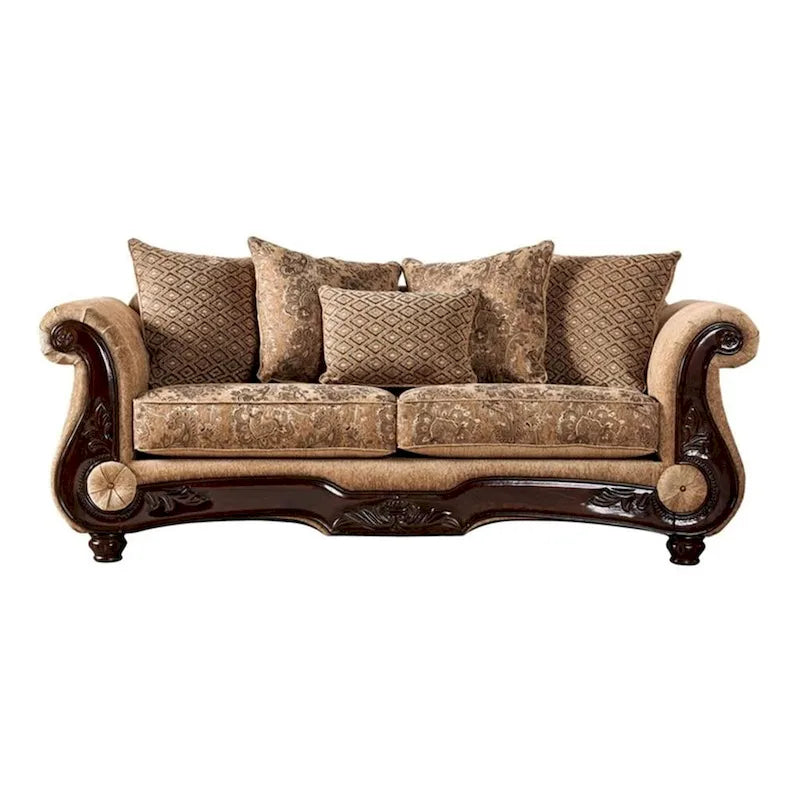 Ensemble canapé et causeuse 2 pièces Nican, similicuir beige doré, 8 coussins décoratifs-2