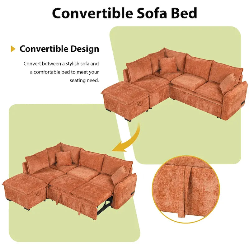 Canapé-lit d'angle convertible Roomfitters avec pouf de rangement, deux oreillers, ports USB et prises électriques-22