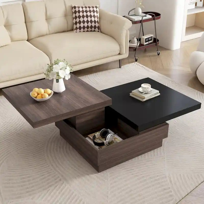 Table basse carrée moderne à 2 niveaux avec plateau pivotant et 1 espace de rangement dissimulé, idéale pour le salon.-19