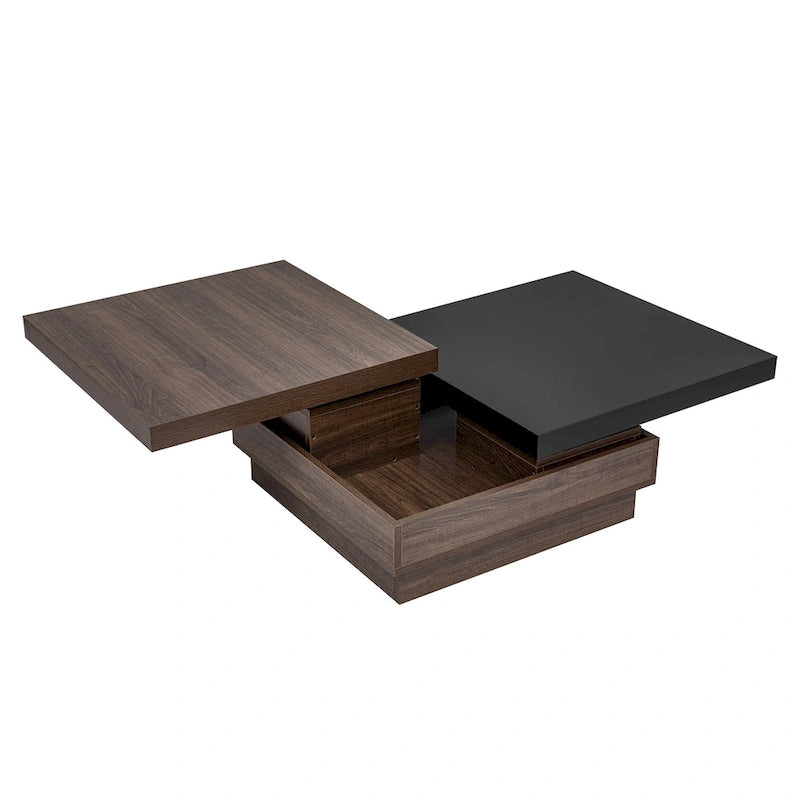 Table basse carrée moderne à 2 niveaux avec plateau pivotant et 1 espace de rangement dissimulé, idéale pour le salon.-2