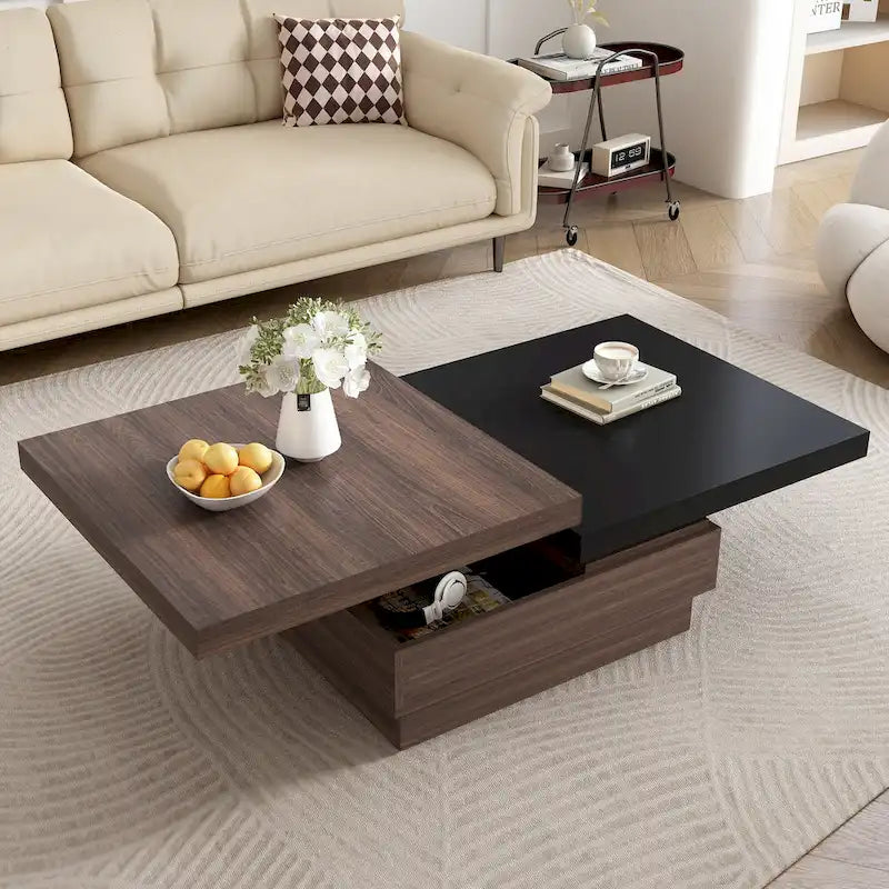 Table basse carrée moderne à 2 niveaux avec plateau pivotant et 1 espace de rangement dissimulé, idéale pour le salon.-3