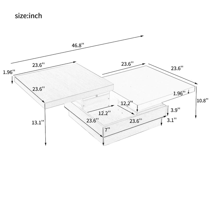 Table basse carrée moderne à 2 niveaux avec plateau pivotant et 1 espace de rangement dissimulé, idéale pour le salon.-4