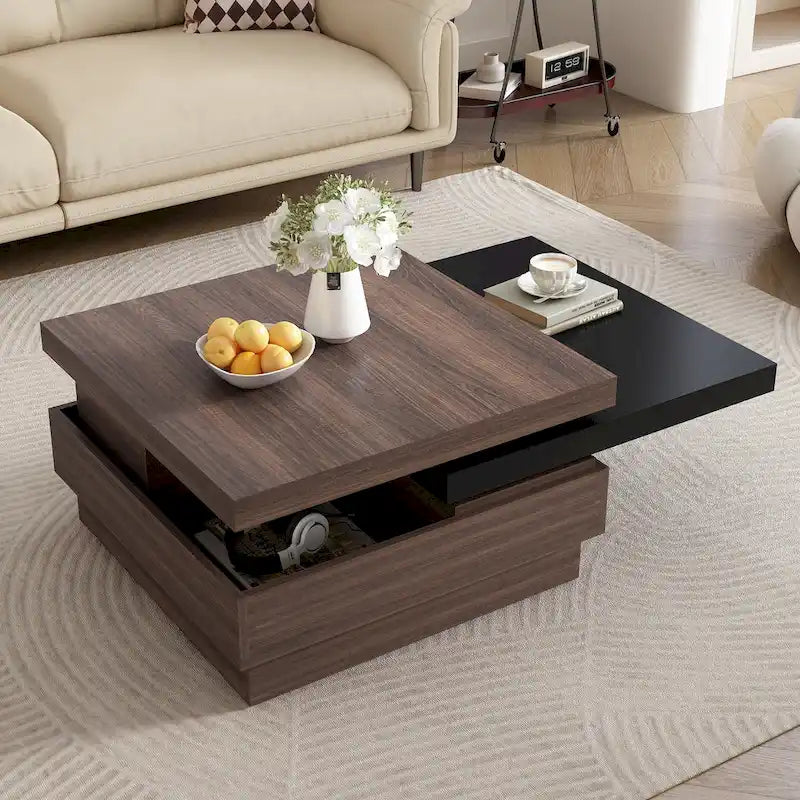 Table basse carrée moderne à 2 niveaux avec plateau pivotant et 1 espace de rangement dissimulé, idéale pour le salon.-5