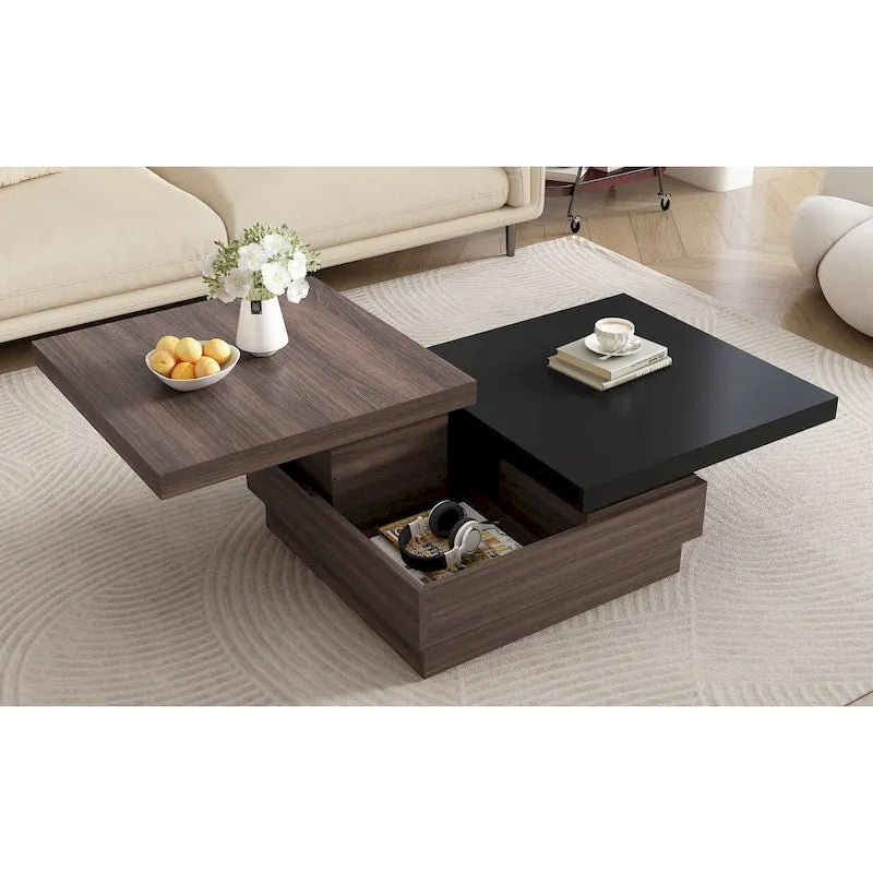 Table basse carrée moderne à 2 niveaux avec plateau pivotant et 1 espace de rangement dissimulé, idéale pour le salon.-6