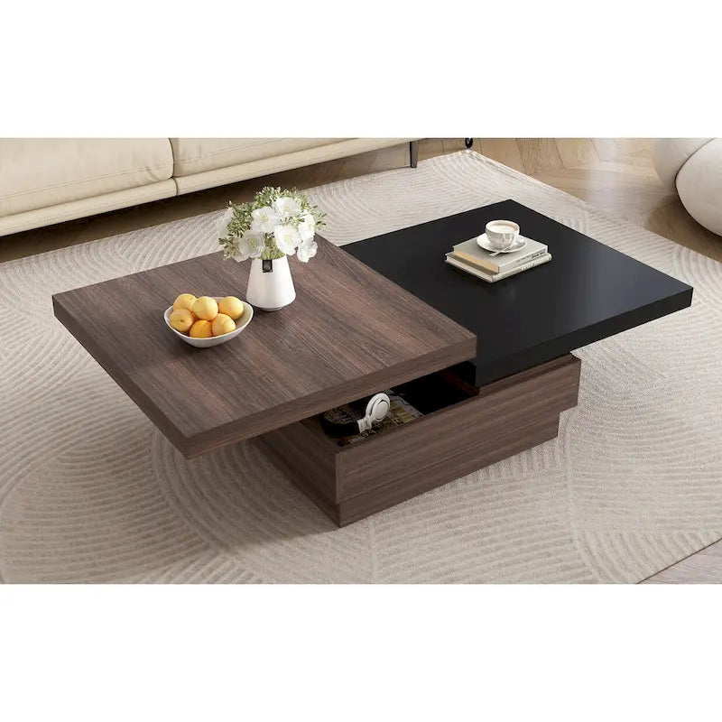 Table basse carrée moderne à 2 niveaux avec plateau pivotant et 1 espace de rangement dissimulé, idéale pour le salon.-7