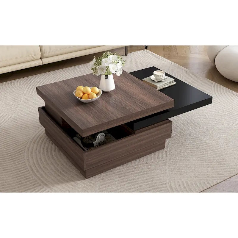 Table basse carrée moderne à 2 niveaux avec plateau pivotant et 1 espace de rangement dissimulé, idéale pour le salon.-8
