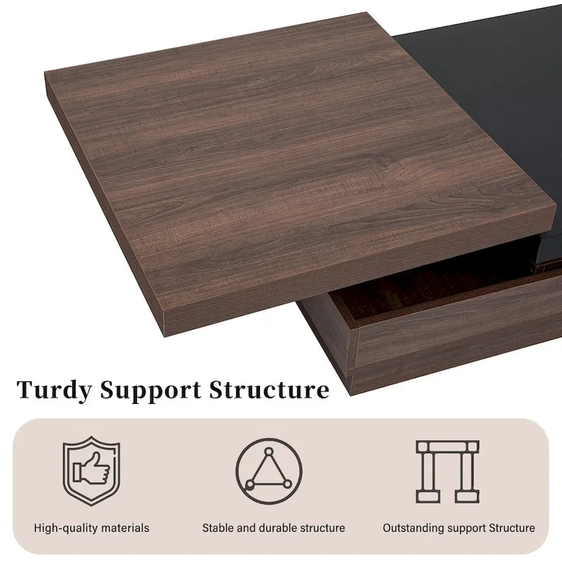 Table basse carrée moderne à 2 niveaux avec plateau pivotant et 1 espace de rangement dissimulé, idéale pour le salon.-12