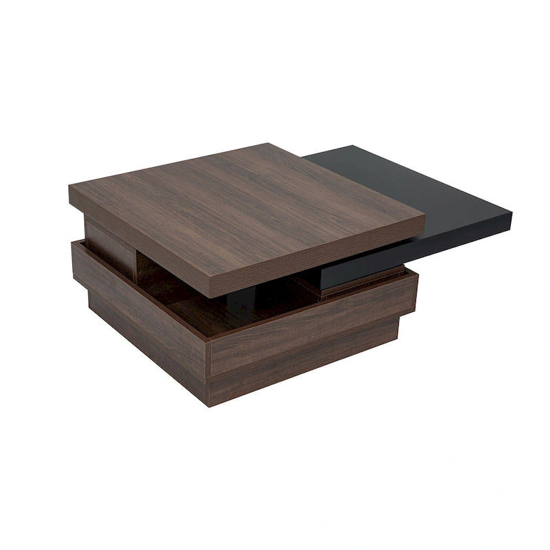 Table basse carrée moderne à 2 niveaux avec plateau pivotant et 1 espace de rangement dissimulé, idéale pour le salon.-13