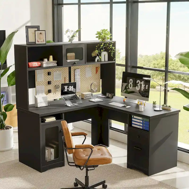 Bureau d'angle en forme de L avec étagère supérieure et station de charge-21