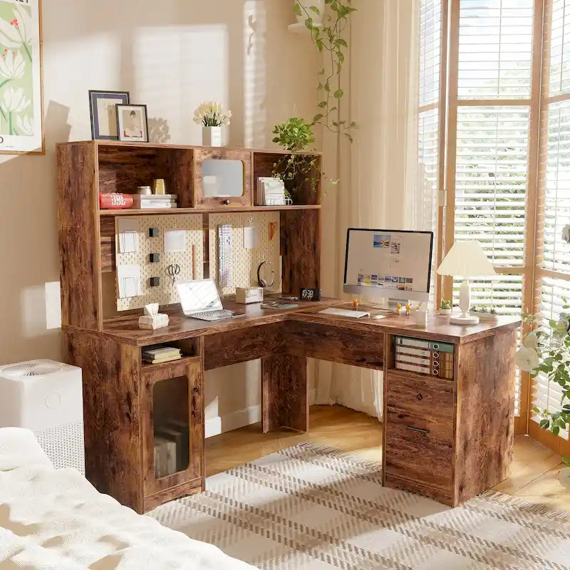 Bureau d'angle en forme de L avec étagère supérieure et station de charge-22