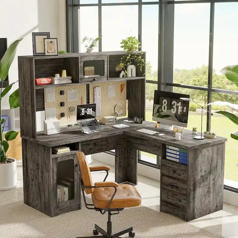 Bureau d'angle en forme de L avec étagère supérieure et station de charge-23