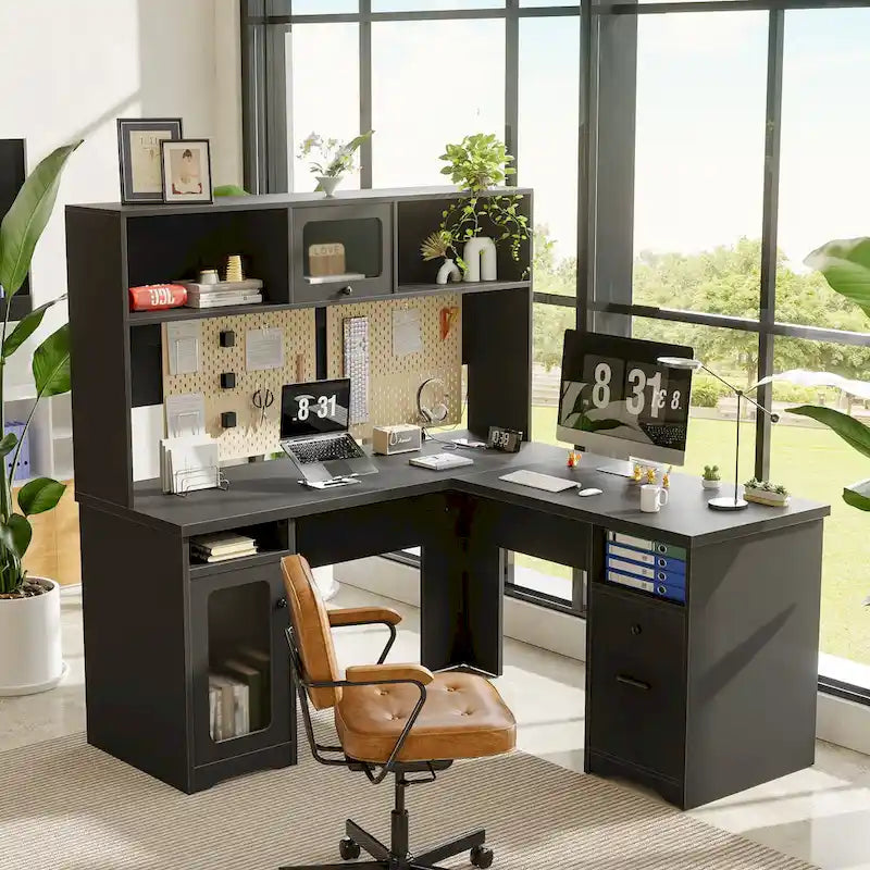 Bureau d'angle en forme de L avec étagère supérieure et station de charge-2