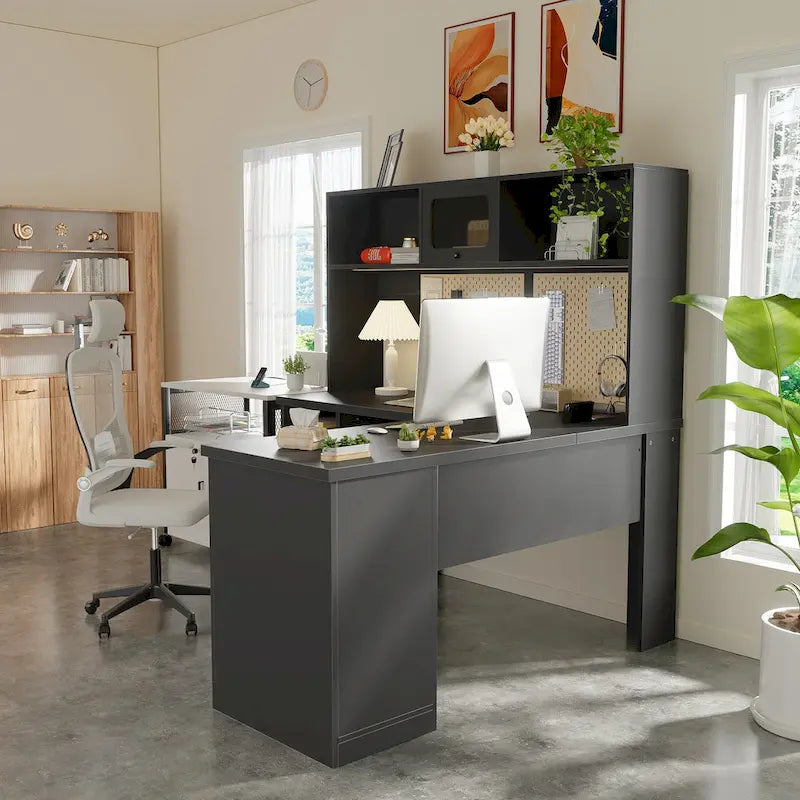 Bureau d'angle en forme de L avec étagère supérieure et station de charge-3