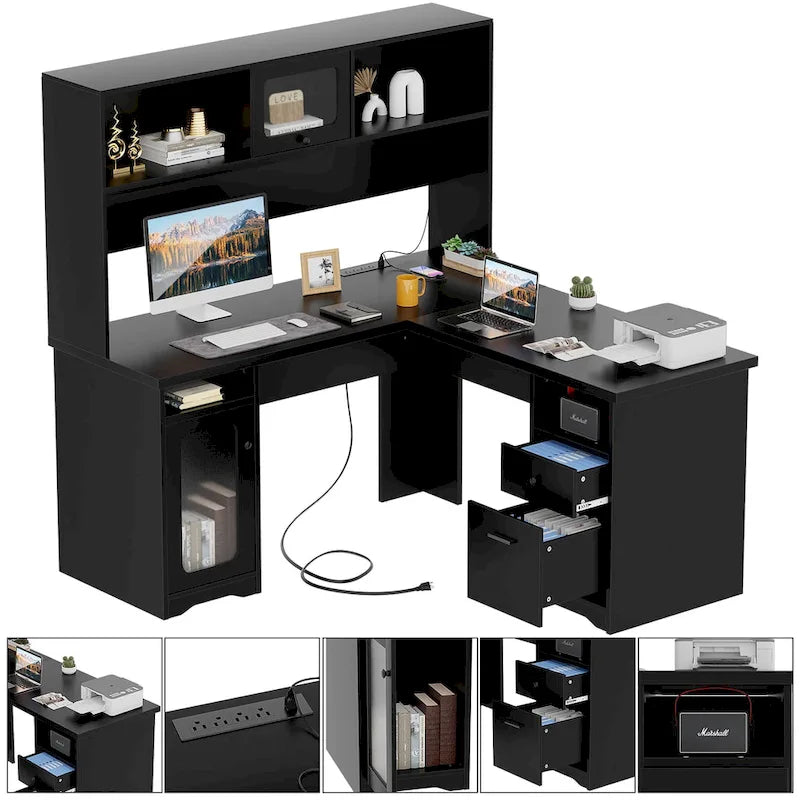 Bureau d'angle en forme de L avec étagère supérieure et station de charge-5