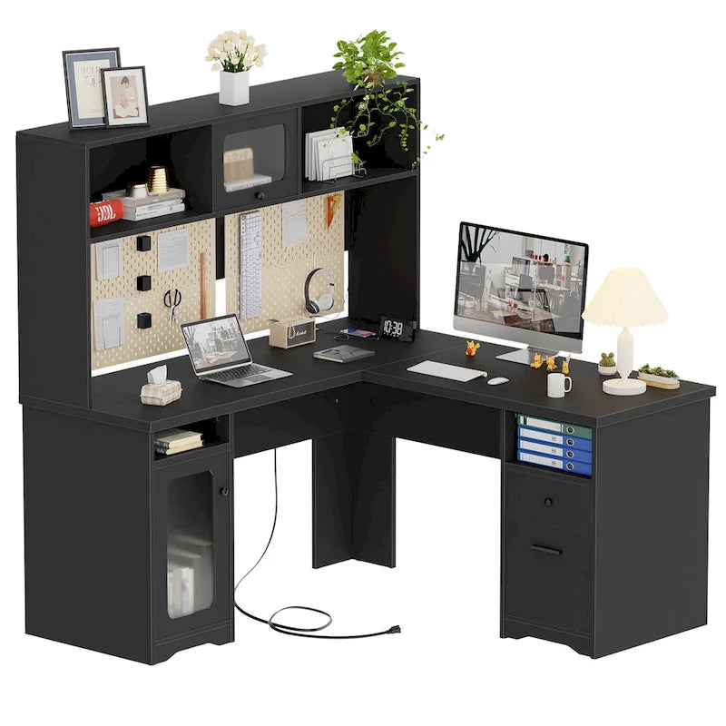 Bureau d'angle en forme de L avec étagère supérieure et station de charge-7