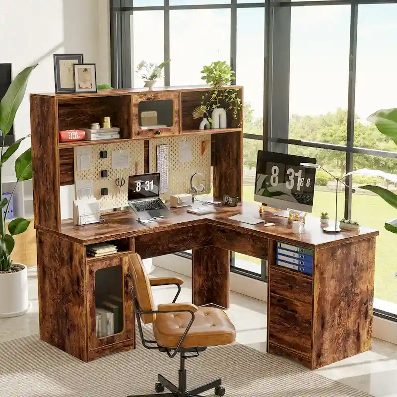 Bureau d'angle en forme de L avec étagère supérieure et station de charge-9
